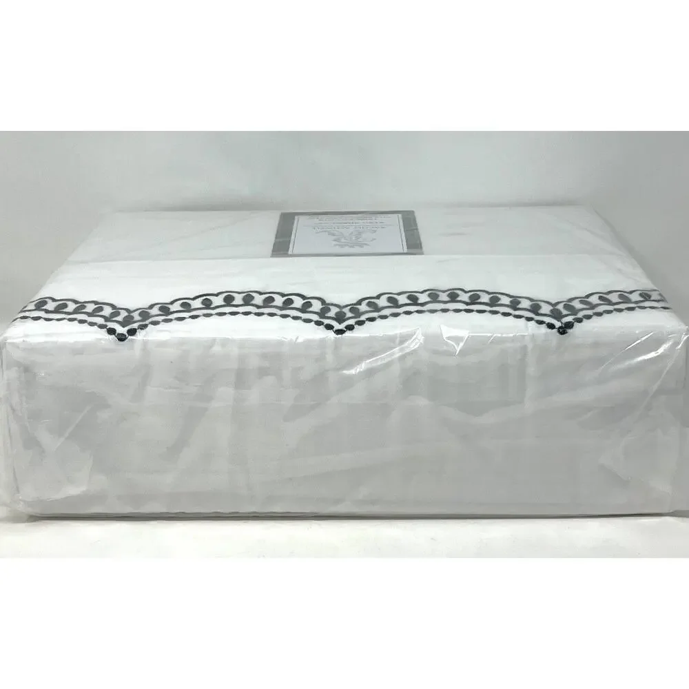 Rachel Ashwell Embroidered Scallop KING Sheet Set NAVY BLUE White 100% Cotton